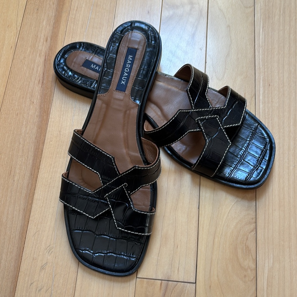 Margaux Black Croc-Embossed Slide Sandals with Tan Footbed